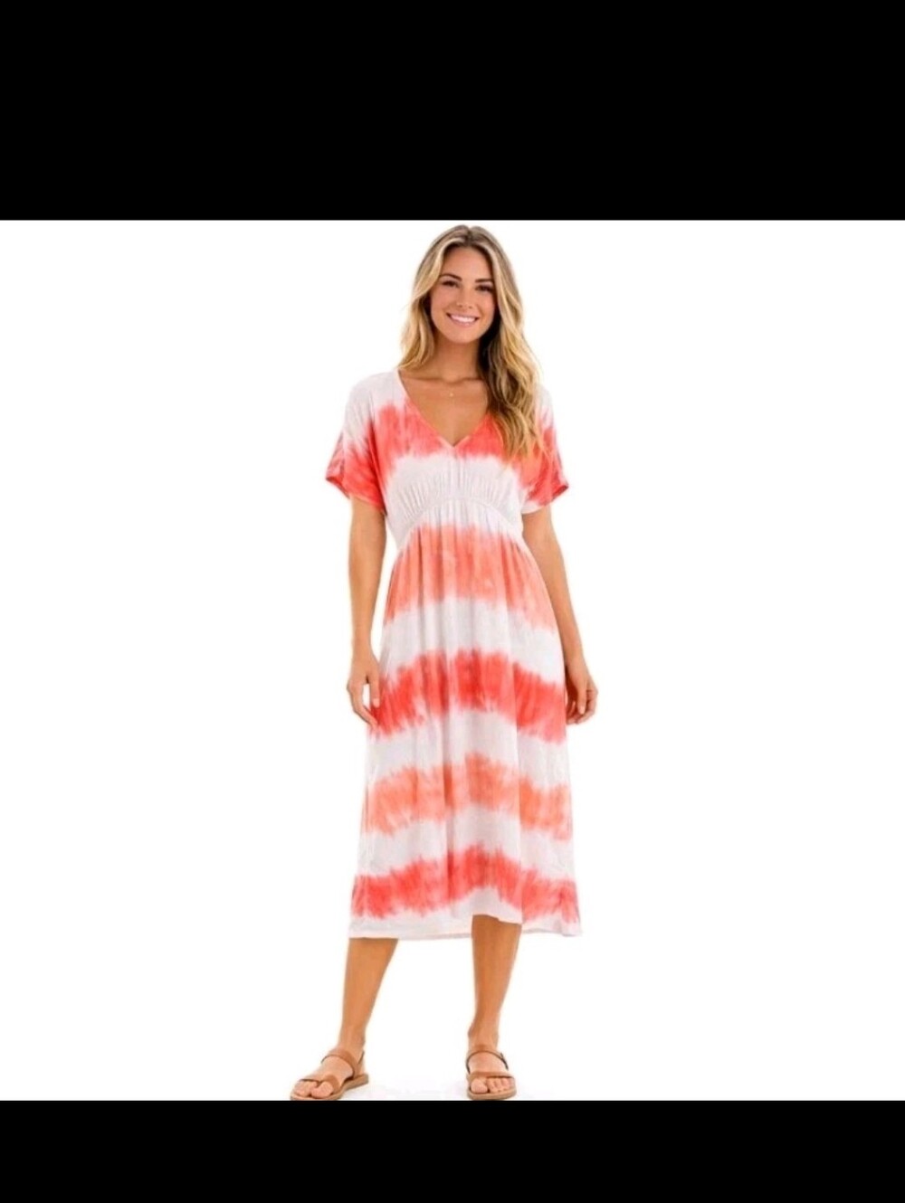 Knox Rose Tie-Dye Coral & White V-Neck Maxi Dress.